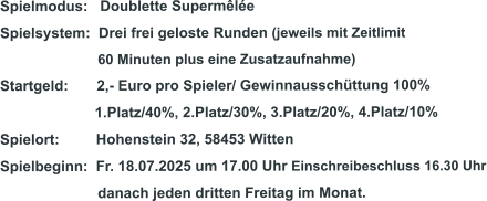 Spielmodus:   Doublette Supermêlée Spielsystem:  Drei frei geloste Runden (jeweils mit Zeitlimit                           60 Minuten plus eine Zusatzaufnahme)  Startgeld:       2,- Euro pro Spieler/ Gewinnausschüttung 100%      1.Platz/40%, 2.Platz/30%, 3.Platz/20%, 4.Platz/10% Spielort:         Hohenstein 32, 58453 Witten   Spielbeginn:  Fr. 18.07.2025 um 17.00 Uhr Einschreibeschluss 16.30 Uhr                         danach jeden dritten Freitag im Monat.