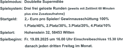 Spielmodus:  Doublette Supermêlée Spielsystem: Drei frei geloste Runden (jeweils mit Zeitlimit 60 Minuten                              plus eine Zusatzaufnahme) Startgeld:       2,- Euro pro Spieler/ Gewinnausschüttung 100%      1.Platz/40%, 2.Platz/30%, 3.Platz/20%, 4.Platz/10% Spielort:         Hohenstein 32, 58453 Witten   Spielbeginn:  Fr. 19.09.2025 um 16.00 Uhr Einschreibeschluss 15.30 Uhr                         danach jeden dritten Freitag im Monat.