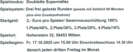 Spielmodus:  Doublette Supermêlée Spielsystem: Drei frei geloste Runden (jeweils mit Zeitlimit 60 Minuten                              plus eine Zusatzaufnahme) Startgeld:       2,- Euro pro Spieler/ Gewinnausschüttung 100%      1.Platz/40%, 2.Platz/30%, 3.Platz/20%, 4.Platz/10% Spielort:         Hohenstein 32, 58453 Witten   Spielbeginn:  Fr. 17.10.2025 um 15.00 Uhr Einschreibeschluss 14.30 Uhr                         danach jeden dritten Freitag im Monat.