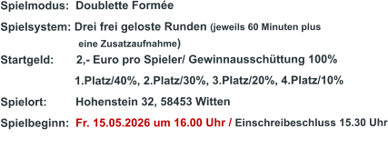 Spielmodus:  Doublette Formée Spielsystem: Drei frei geloste Runden (jeweils 60 Minuten plus                               eine Zusatzaufnahme) Startgeld:       2,- Euro pro Spieler/ Gewinnausschüttung 100%      1.Platz/40%, 2.Platz/30%, 3.Platz/20%, 4.Platz/10% Spielort:         Hohenstein 32, 58453 Witten   Spielbeginn:  Fr. 15.05.2026 um 16.00 Uhr / Einschreibeschluss 15.30 Uhr