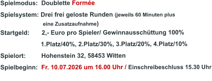 Spielmodus:  Doublette Formée  Spielsystem: Drei frei geloste Runden (jeweils 60 Minuten plus                               eine Zusatzaufnahme) Startgeld:       2,- Euro pro Spieler/ Gewinnausschüttung 100%      1.Platz/40%, 2.Platz/30%, 3.Platz/20%, 4.Platz/10% Spielort:         Hohenstein 32, 58453 Witten   Spielbeginn:  Fr. 10.07.2026 um 16.00 Uhr / Einschreibeschluss 15.30 Uhr