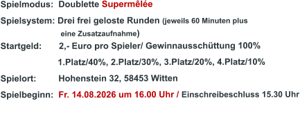 Spielmodus:  Doublette Supermêlée  Spielsystem: Drei frei geloste Runden (jeweils 60 Minuten plus                               eine Zusatzaufnahme) Startgeld:       2,- Euro pro Spieler/ Gewinnausschüttung 100%      1.Platz/40%, 2.Platz/30%, 3.Platz/20%, 4.Platz/10% Spielort:         Hohenstein 32, 58453 Witten   Spielbeginn:  Fr. 14.08.2026 um 16.00 Uhr / Einschreibeschluss 15.30 Uhr